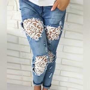 Distressed Blue Lace Patch Jeans